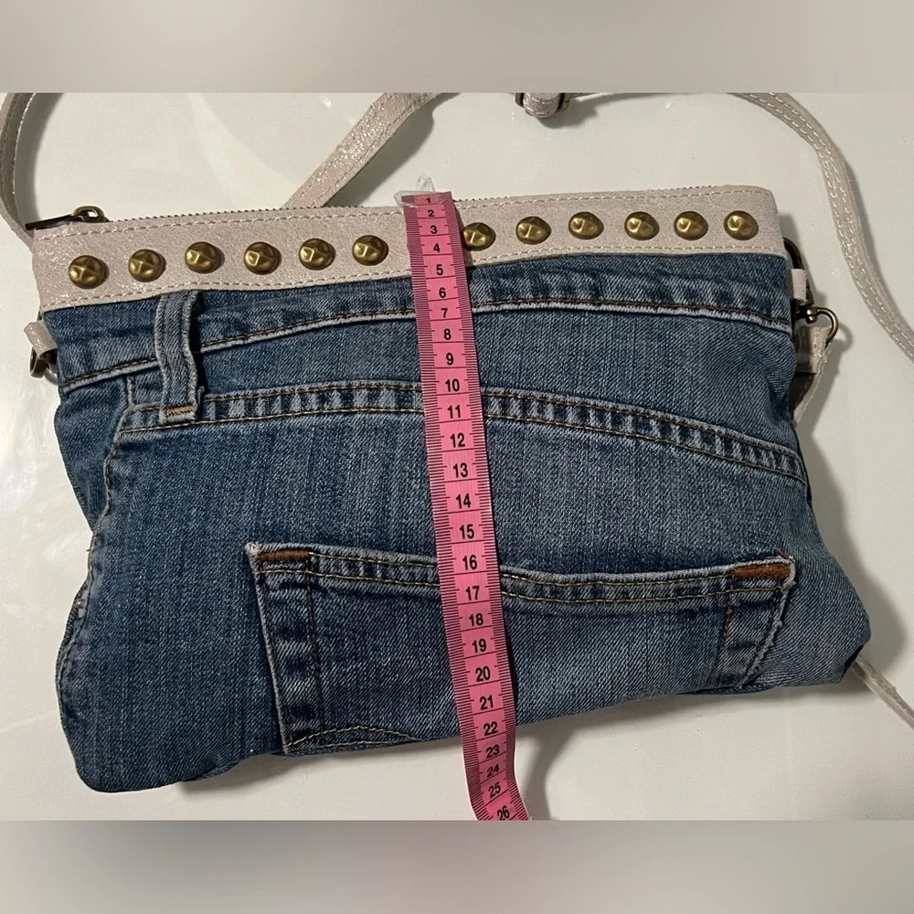 Denim and White Studded Crossbody Bag